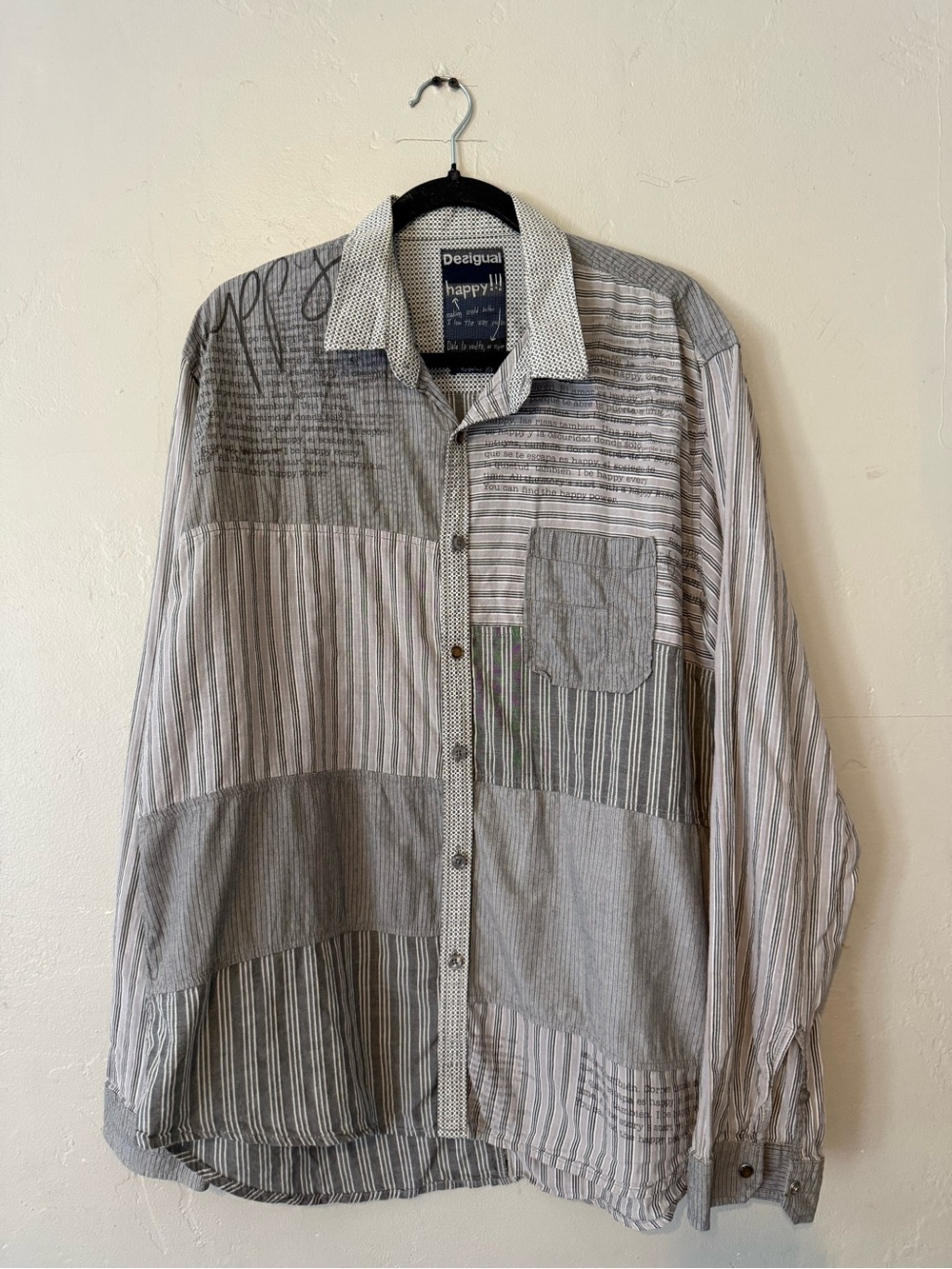 Desigual Patchwork Striped Long Sleeve Button-Up Shirt - Gray & White